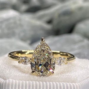 Pear shape cut diamond ring, yellow gold, 14K, engagement ring, 1.52 carat, 3 stone ring,  wedding ring, marquise cut side stones