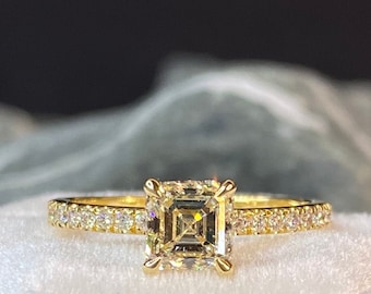 Asscher cut diamond ring, yellow gold engagement ring