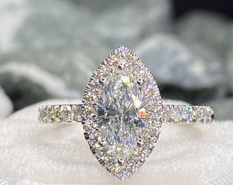 White gold marquise cut diamond ring,  engagement ring, 1.00 carat, anniversary ring, wedding ring, pave' setting, halo ring, hidden halo