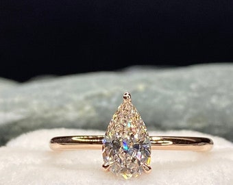 Anillo de diamantes talla pera, anillo de compromiso de oro rosa de 1.00 quilates, anillo de aniversario, anillo soliter, oro rosa de 14 quilates