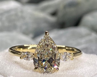 Pear shape cut diamond ring, yellow gold, 14K, engagement ring, 1.52 carat, 3 stone ring,  wedding ring, marquise cut side stones