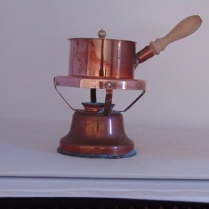 Vintage French Copper Saucier Fondue Pan with Stand & Wooden Handle