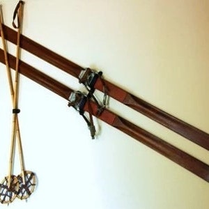 Leather straps (7&quot; + screws) for hanging and mounting Antique Skis, Poles or other hard-to-hang items (2 kits shown in crossed skis photo)