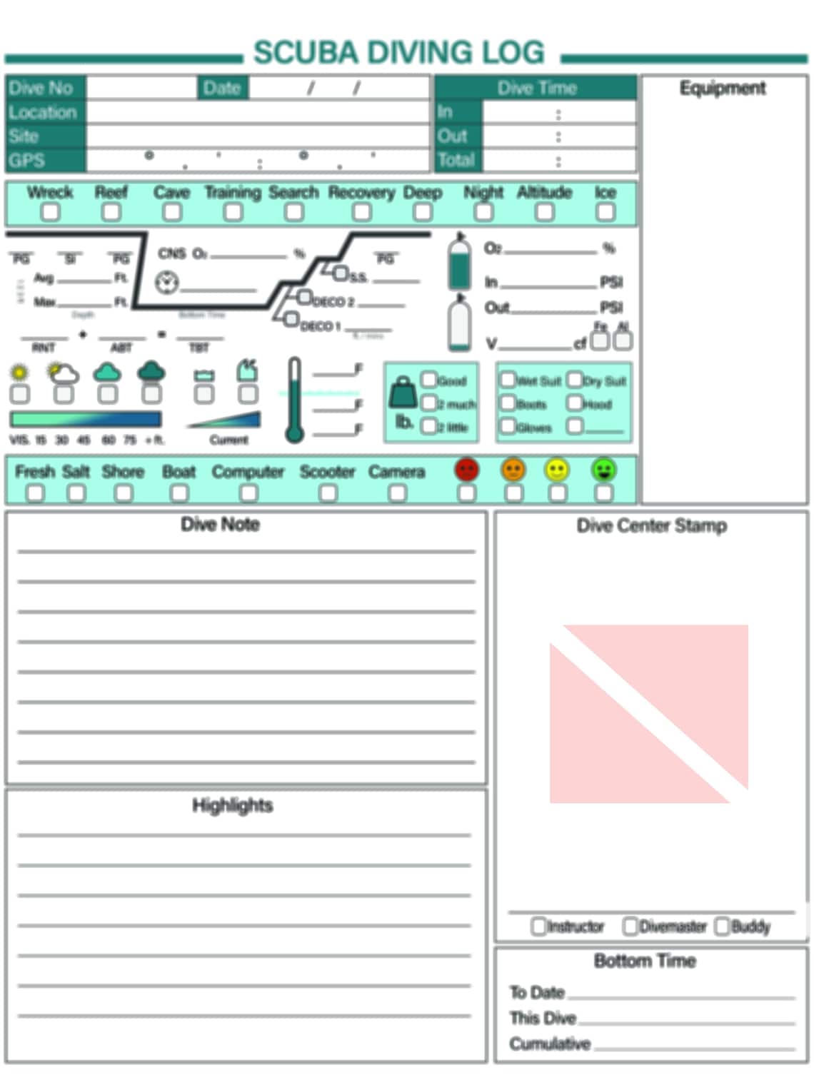 Printable Digital Scuba Diving Journal Logbook Notebook Page Etsy