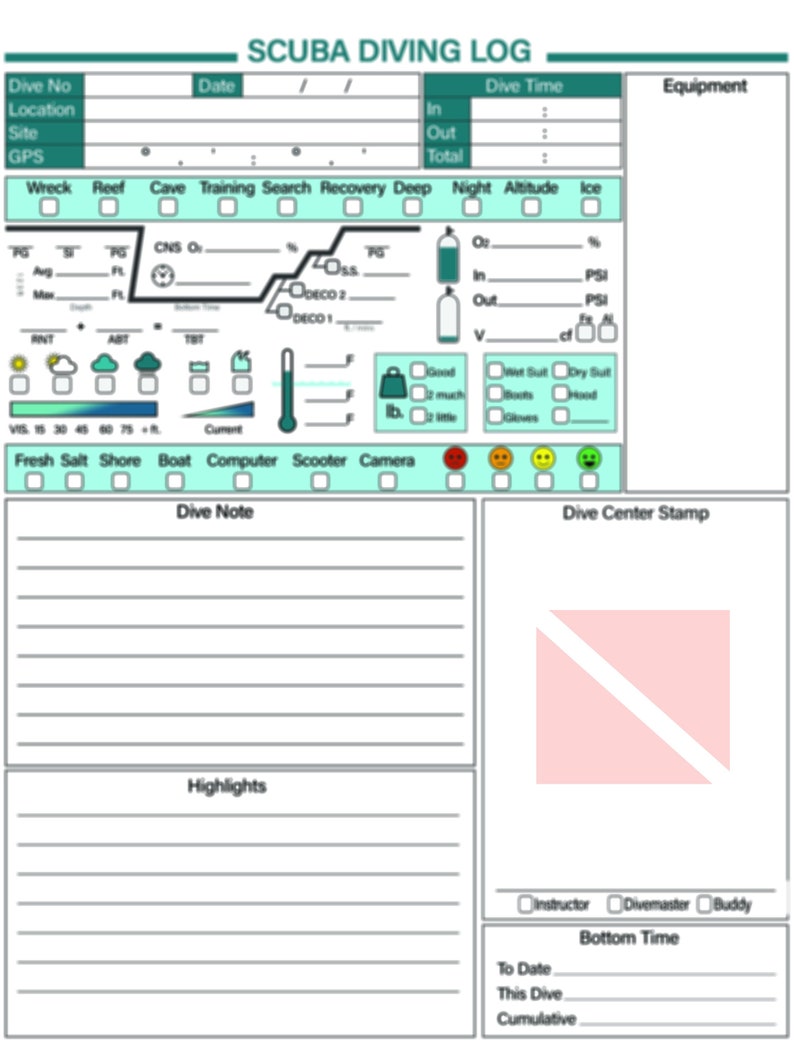 Printable Digital Scuba Diving Journal Logbook Notebook Page Etsy