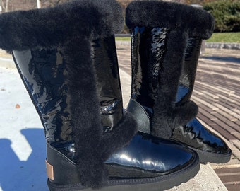 Inoli Mid Length Sheepskin Patent Leather Winter Cold Weather Fur Black Boot