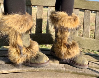 Inoli Brand Camouflage & Fur Calf-Length Boots - Winter Boots - Fur Boots - Sheepskin Boots