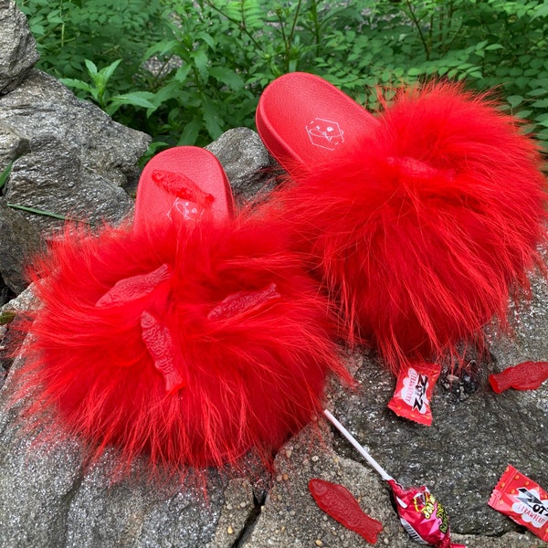 Fruit Punch Red  Women’s Fur Slides - Luxury - Pool Slides - Red Fur - Women’s Fur Slides - Fur Slides - Red Fur Slides