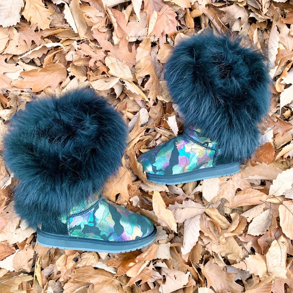 Inoli Brand Black Mid-Calf Sheepskin Rainbow Holographic Glitter With Fur Boots