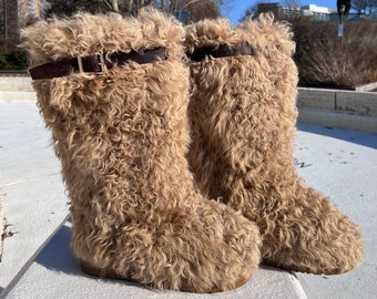 Inoli Brand Sheepskin Tan Brown Off White Fur Calf-Length Winter Cold Weather Women’s Boots
