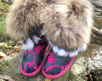 Inoli Brand Girls’ Pink Camouflage Sheepskin Fur Boots - Girls Boots - Sheepskin Boots - Winter Boots - Girls’ Fur Boots - Girls Sheepskin