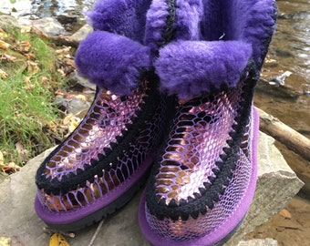 Inoli Brand Girls’ Purple Snakeskin Ankle Boots - Girls Boots - Sheepskin Boots - Winter Boots -