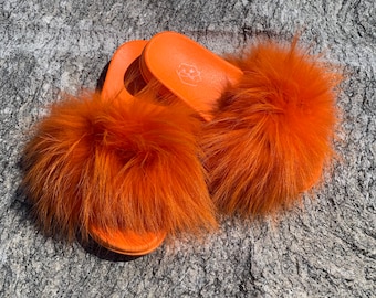 Orange Sherbet Fur Slides - Women’s Fur Slides - Luxury Fur Slides - Pool Slides - Women’s Fur Slides - Fur Slides - Orange Fur Slides