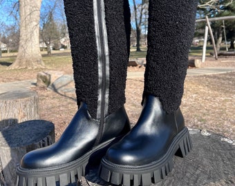 Inoli Brand Womens Black Mid Calf Flat Leather Shearling Cold Weather Winter Spring Boots