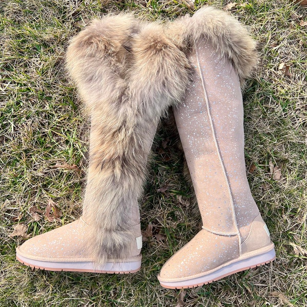Inoli Brand Knee Length Cream Tan Brown Off White Womens Sheepskin Fur Winter Cold Weather Boots