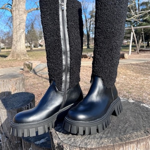 Inoli Brand dames zwarte halfhoge platte leren schapenvacht koud weer winter lente laarzen