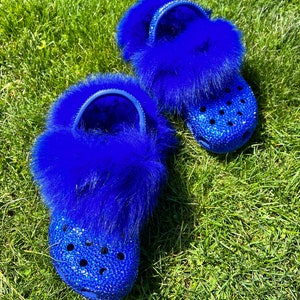 Inoli Brand Womens Blue Rhinestone Crocs Summer Winter Sparkly Bling Slipper Slip on Clogs With Fur Etsy