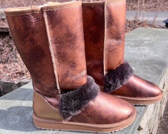 Bronsbruna, halvhöga stövlar i fårskinnspäls för kvinnor, höst/vinter