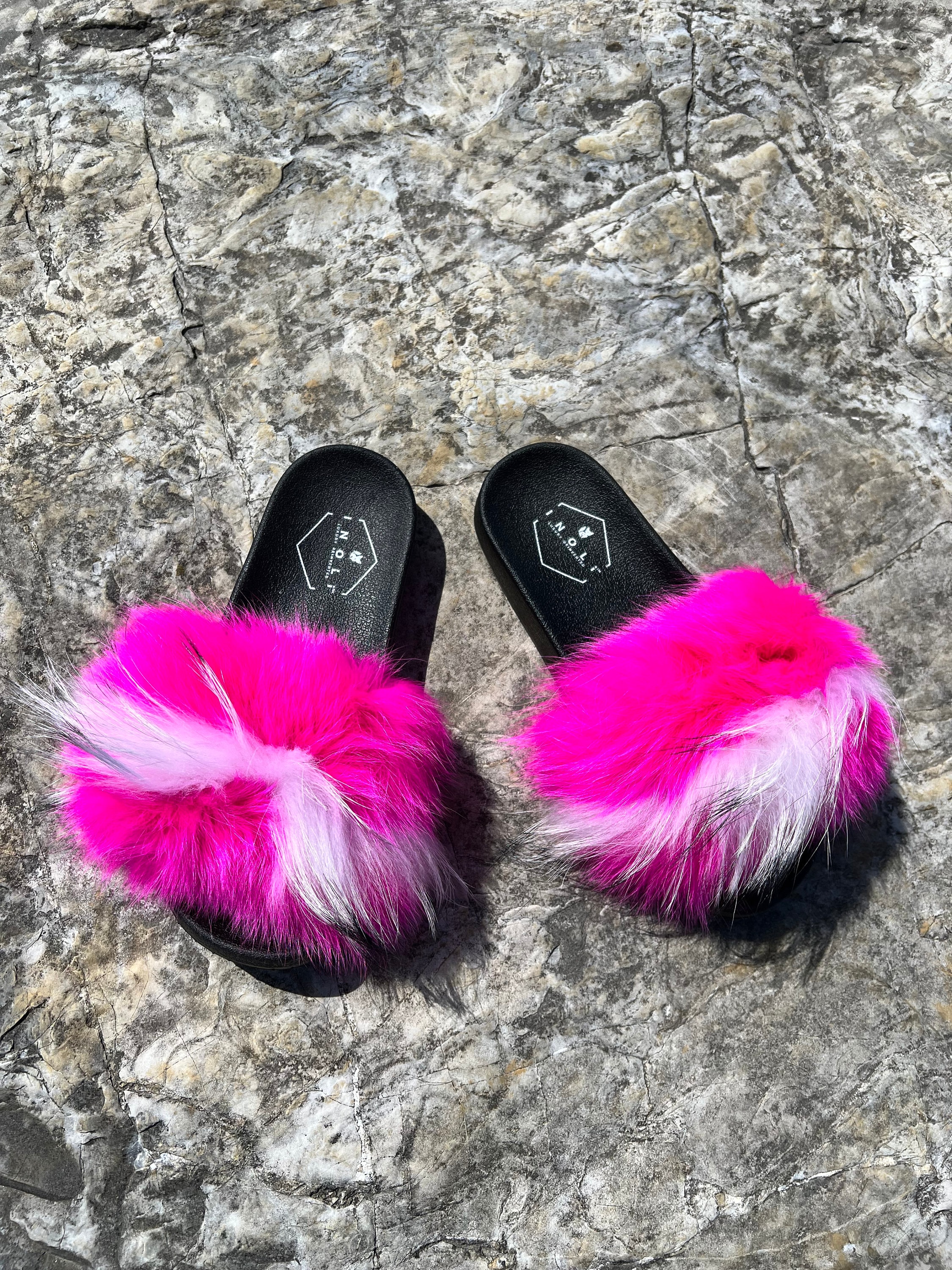 Pink and white fur slides new arrivals