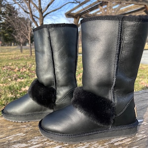 Womens Black Mid Calf Sheepskin Fur Fall Winter Boots