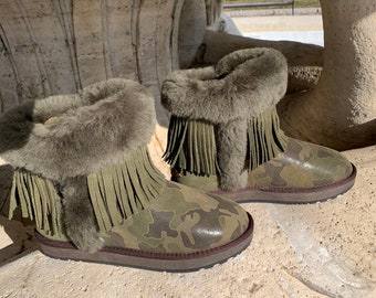Inoli Brand Hunter Womens Camouflage Beige Green Tan Sheepskin Winter Slip On  Cold Weather Ankle Boot