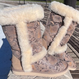 Inoli-damesschaapsvacht-ugg zoals winter koud weer bont beige bruin slangenleer laars