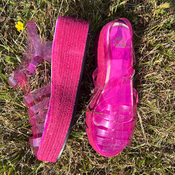 Hot Pink Raffia and Jelly Platform Sandals