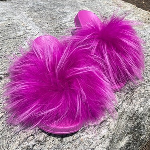 Inoli Brand Women’s Purple Fur Slides - Women’s Slides - Luxury Fur Slides - Fur Sandals - Women’s Fur Slides - Purple Slides - Furry Slides