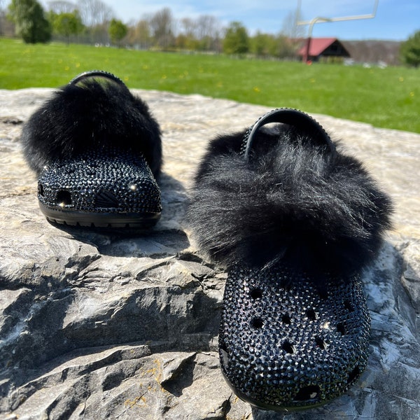 Inoli Brand Womens Black Rhinestone Crocs Summer Winter Sparkly Bling Slipper Slip On Clogs With Fur