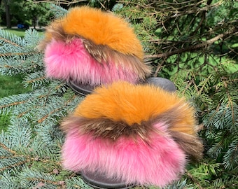 Inoli Brand Women’s Pink and Orange Fur Slides - Pool Slides - Slippers - Luxury Fur Slides - Women’s Fur Slides - Luxury Fur Slides