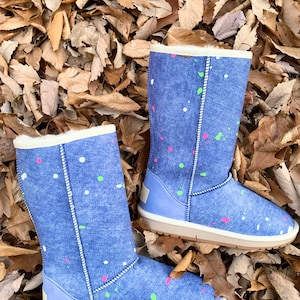 Inoli Brand Painted Denim Sheepskin Calf Length Women’s Winter Boots