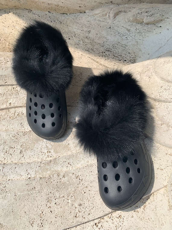 Inoli Brand Womens Black Fur Crocs Summer Winter Furry Sheepskin Slipper Slip on Clogs Etsy