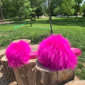 Women's Hot Pink Fur Slides - Pool Slides - Sandals - Slippers - Women’s Fur Slides - Pink Fur Slides - Fur Pool Slides - Furry Slides