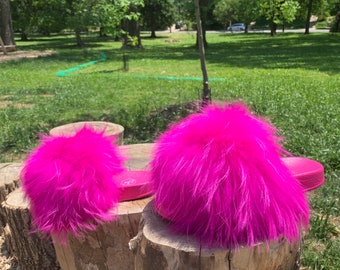 Women's Hot Pink Fur Slides - Pool Slides - Sandals - Slippers - Women’s Fur Slides - Pink Fur Slides - Fur Pool Slides - Furry Slides