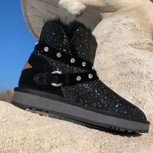 Inoli Brand Black Sparkly Sheepskin Ankle Boots with Rhinestones - Women’s Sheepskin Boots - Women’s Winter Boots Women’s Ankle Boots