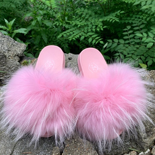 Bubble Gum Pink Fur Slides Womens Luxury Pool Beach Slides - Etsy
