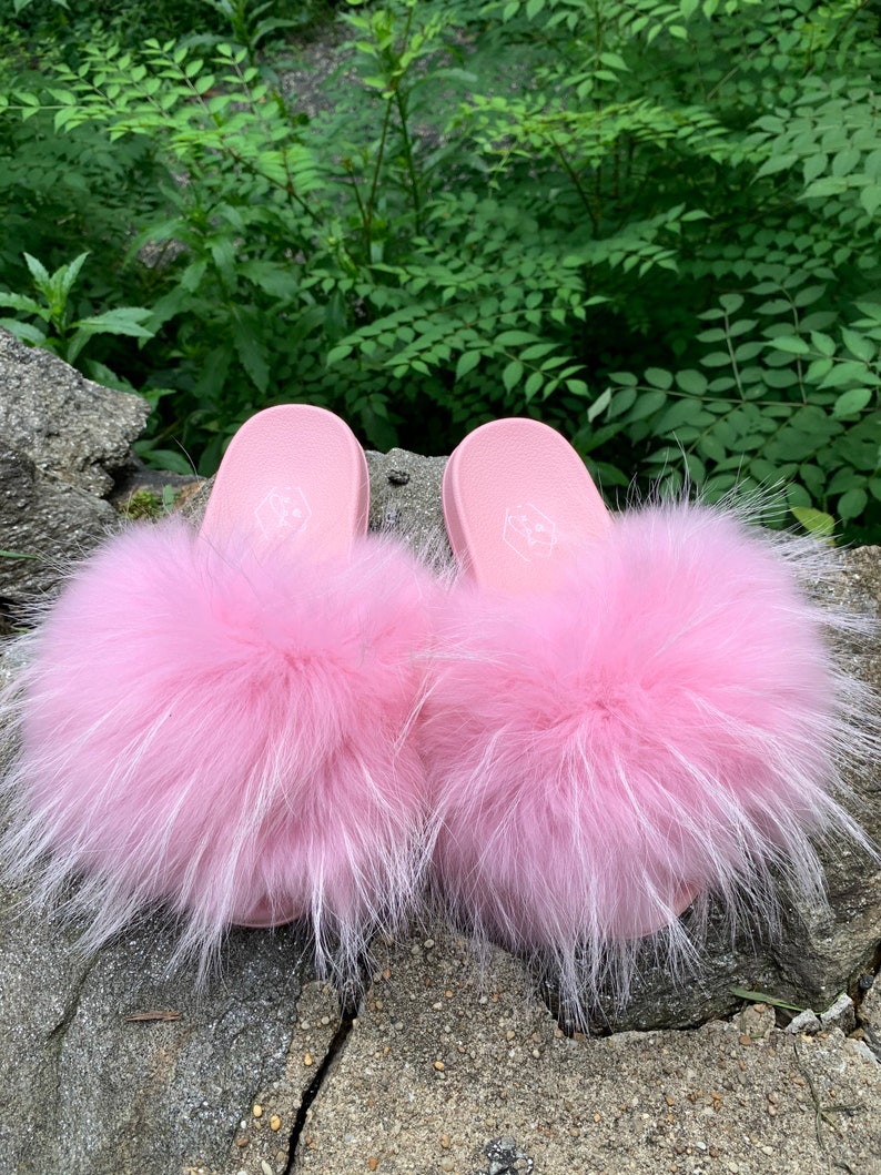 Bubble Gum Pink Fur Slides Womens Luxury Pool Beach Slides Etsy