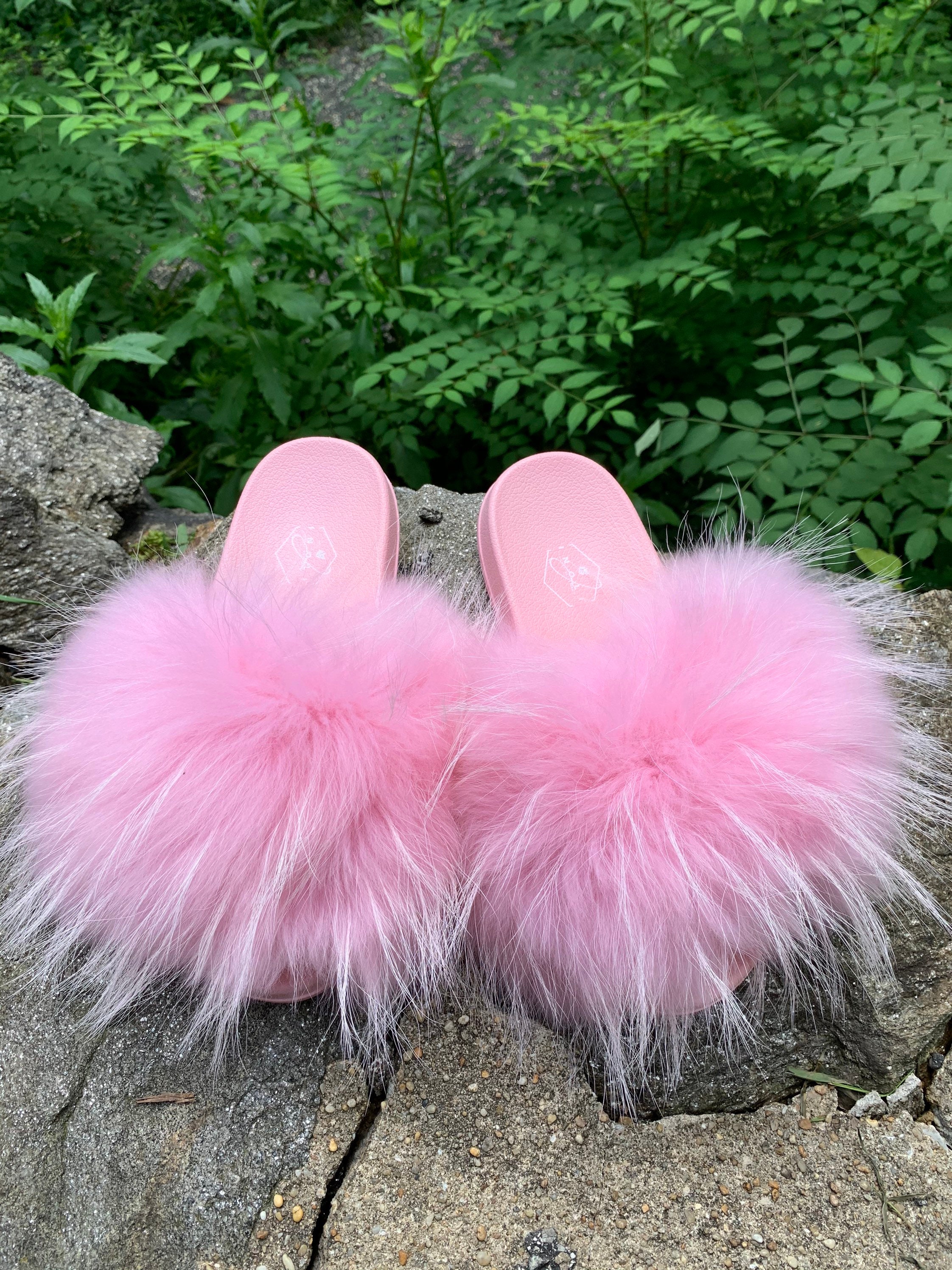 Women Neon Pink Fuzzy Slide Sandals, PVC Glamorous Sandals