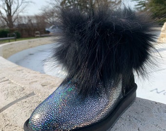 Inoli Brand Iridescent Holographic Rainbow Sparkly Rhinestone Sheepskin Fur Winter Cold Weather Boots