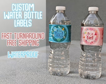 Personalized Water Bottle Labels With Your Logo Design. Waterproof. Baby Shower Water Bottle. Fast Turnaround & Free Shipping.