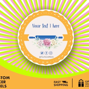 Custom Bakery Logo Stickers: Vintage Floral Rolling Pin Labels