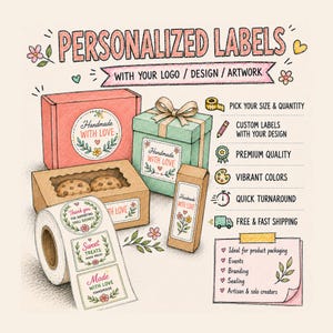 May include: A digital illustration of personalized labels featuring a coral box, a green gift box with a bow, a brown cookie box, and a roll of stickers. Text includes PERSONALIZED LABELS, WITH YOUR LOGO / DESIGN / ARTWORK, and various product details.