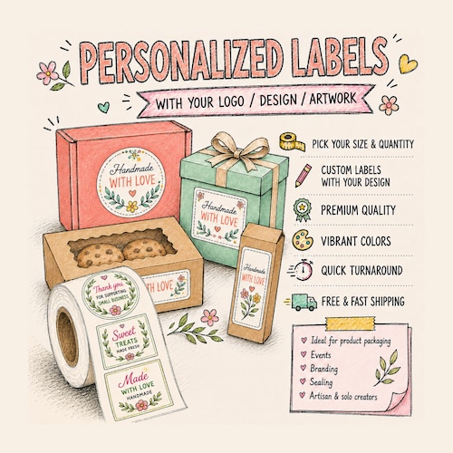 Pegatinas personalizadas con el logotipo de su negocio. Etiquetas personalizadas para panadería. Pegatinas para embalaje. Etiquetas adhesivas en rollo personalizadas.