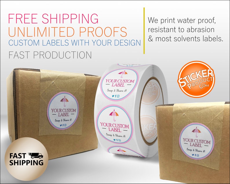May include: A roll of white round stickers with a pink and blue umbrella design. The stickers say "Your Custom Label" and "Snap & Share it!" with social media icons. The roll is on a brown cardboard box. The text "Sticker Product.com" is on a bright orange circle.