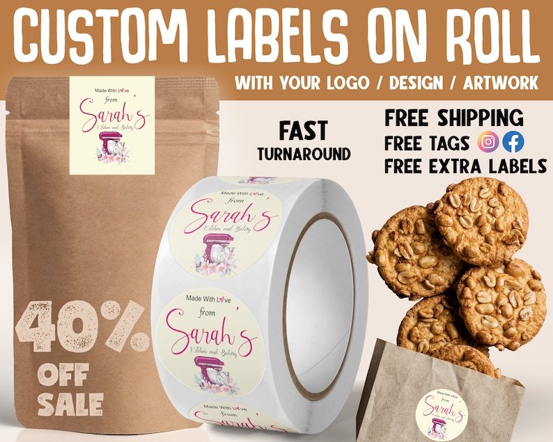 Custom Printed Logo Label Stickers on roll for your product packaging. High Quality, Waterproof. FREE FAST SHIPPING image 1