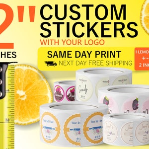 Custom printed premium gloss labels with your logo or artwork, and shipped to you the NEXT business day. Free Shipping and Fast Turnaround.