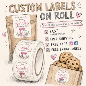Custom Printed Logo Label Stickers on roll for your product packaging. High Quality, Waterproof. FREE FAST SHIPPING