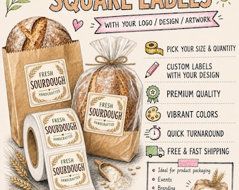 Square stickers printed with your custom design logo | Bakery labels | Personalized stickers on roll