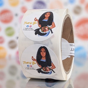 May include: A roll of round white stickers with a black and white illustration of a woman holding a plate of food. The sticker has the text "Treats by Bee" and social media information.