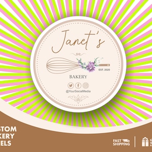 Custom Bakery Logo Stickers: Vintage Whisk, Floral Design